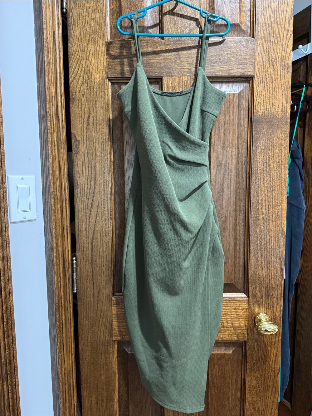 Olive Green Draped stretchy Spaghetti-Strap Dress